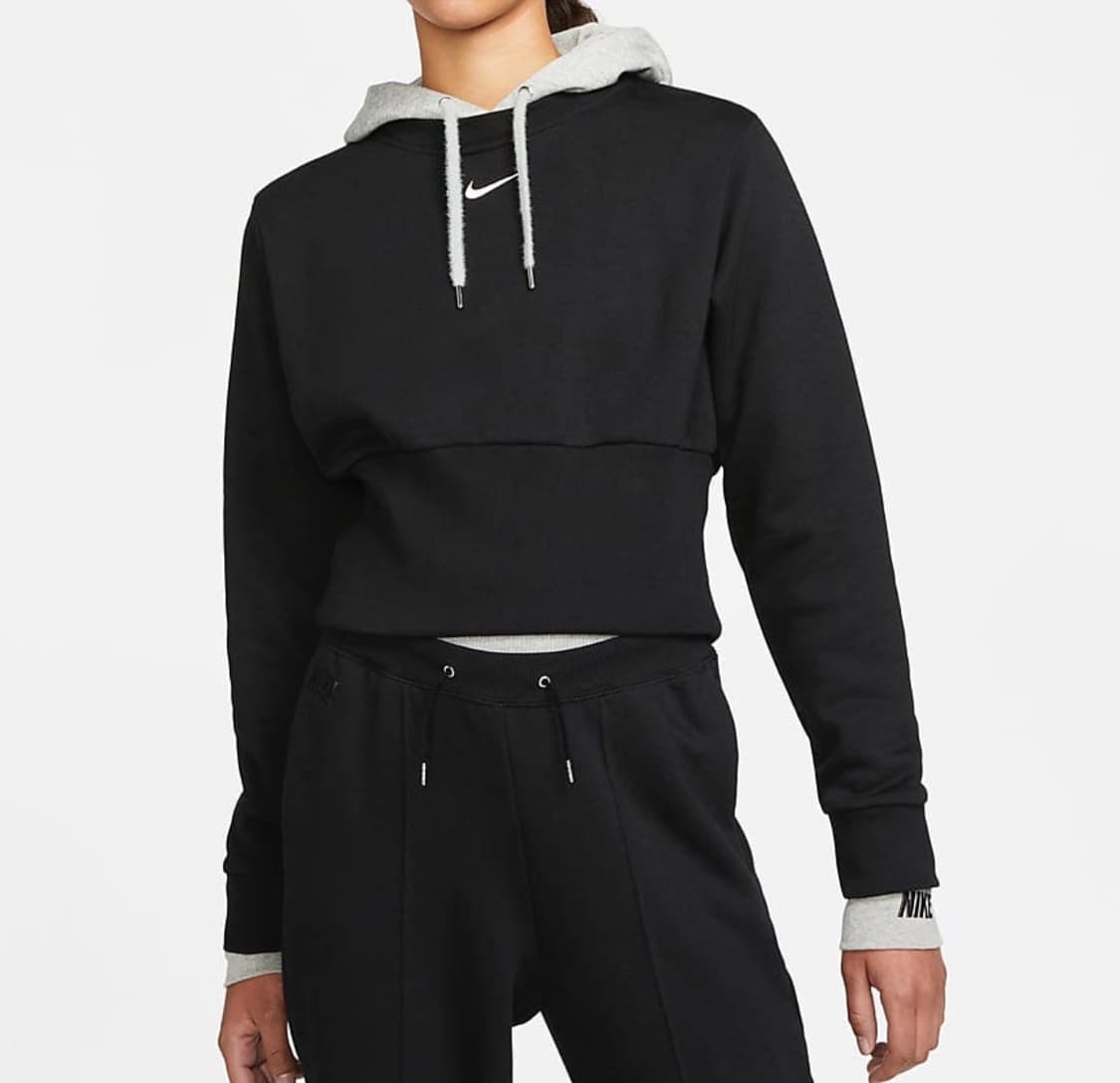 [새상품]나이키 미니 스우시 크롭 밴딩 플리스 숏 후드티 블랙 그레이 상품이미지1