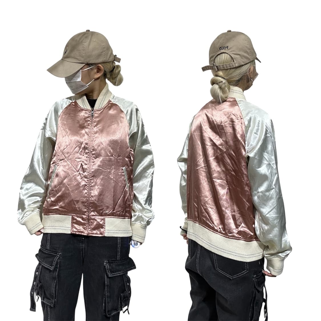 일본 빈티지 핑크 화이트 배색 크롭 스카잔 자켓 L 상품이미지1