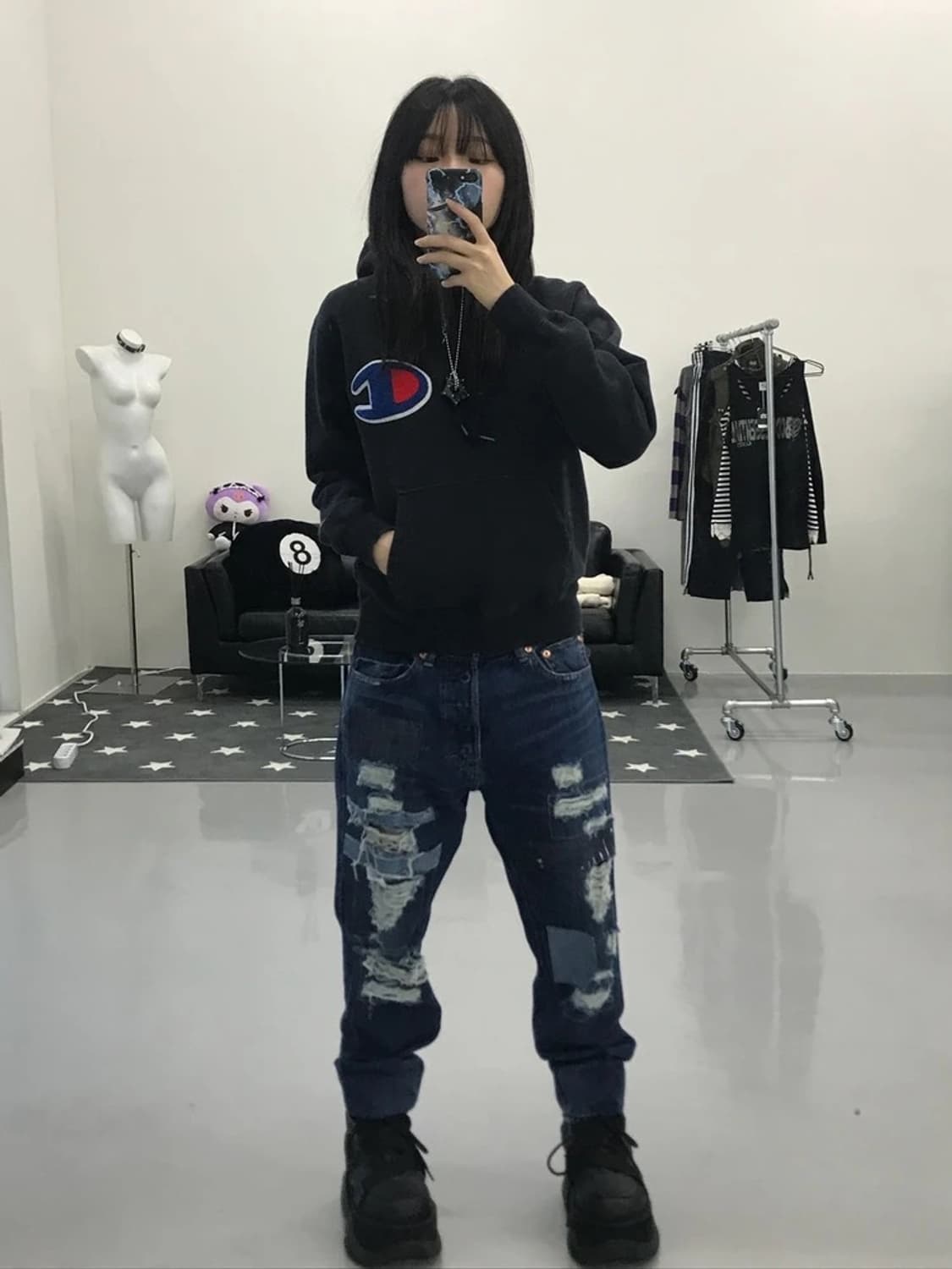 챔피언 빅로고 블랙 후드 티 상품이미지2