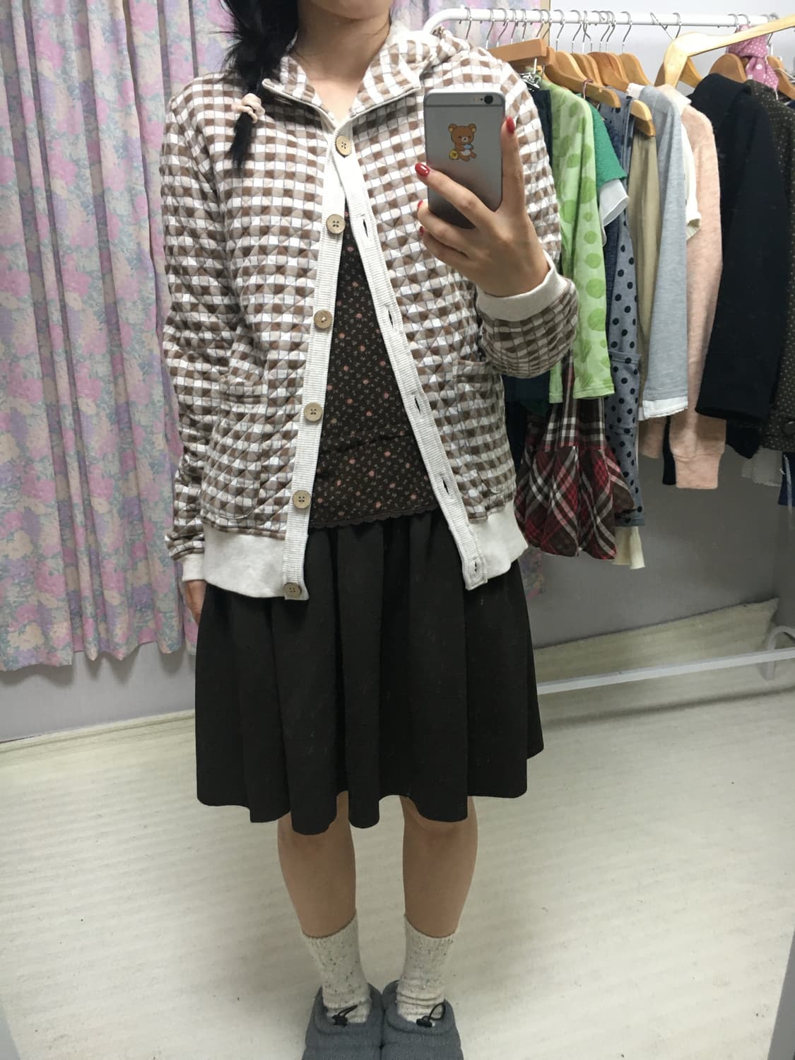 브라운 체크 누빔 후드 가디건 상품이미지5