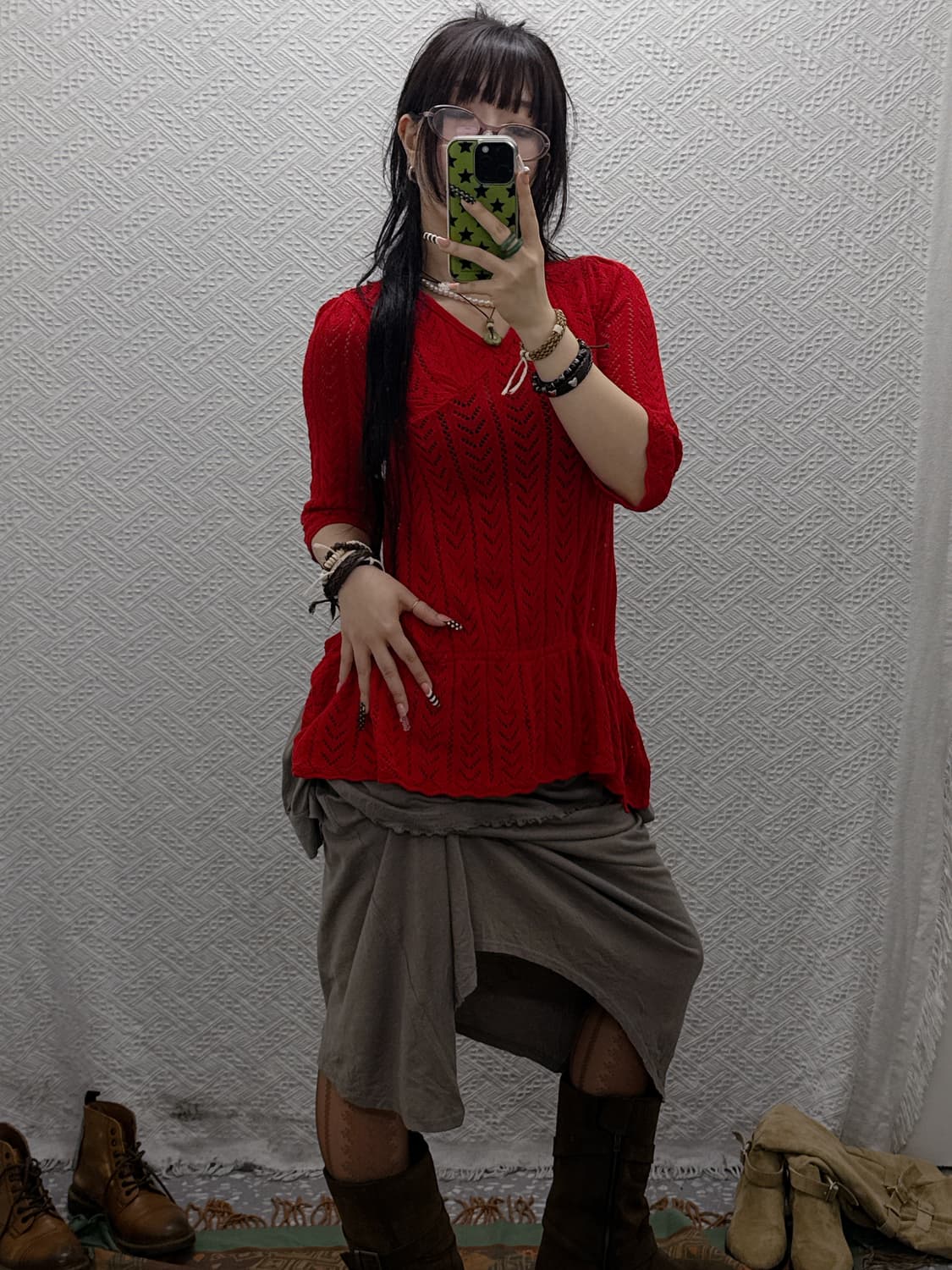 빈티지 오리엔탈 보헤미안 히피 펀칭 셔링 플레어 니트 K0018 상품이미지2