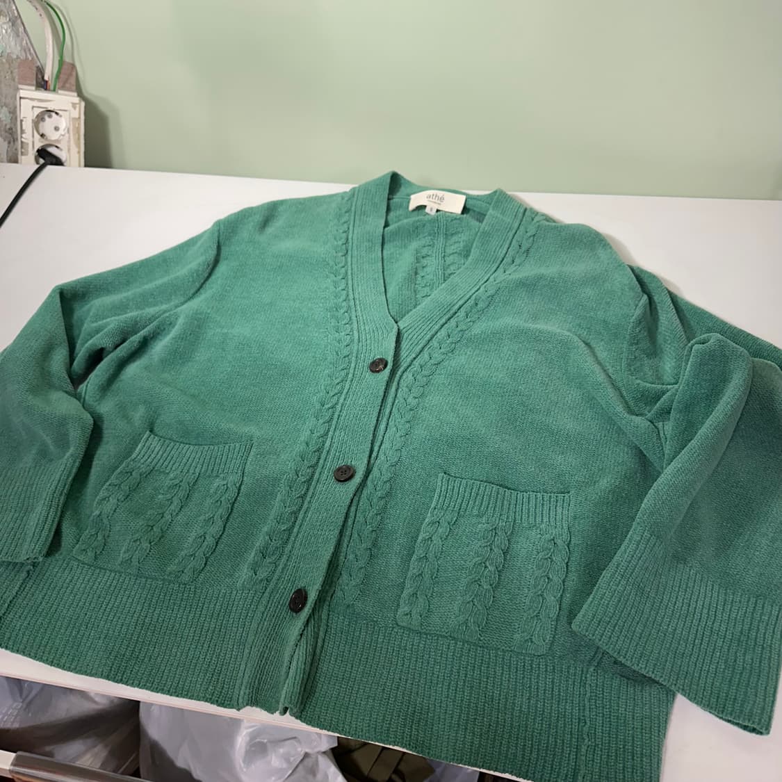 우먼OS 바네스브루노 아떼 빈티지그린 오버핏 면니트 봄 가디건 상품이미지3