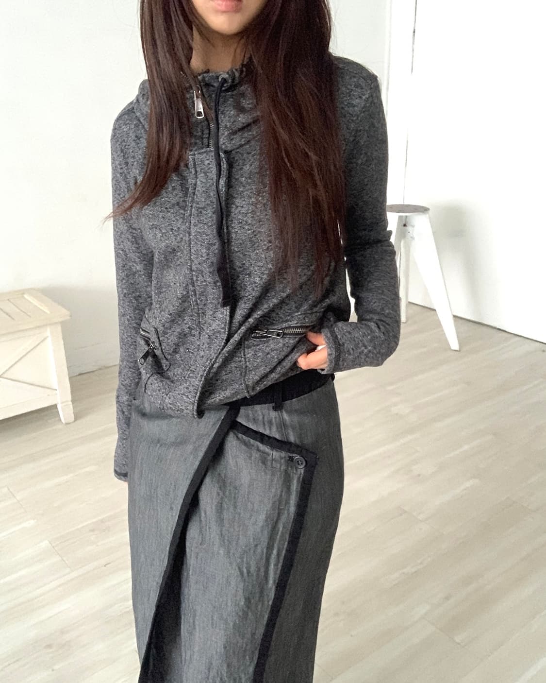 Black Contrast Grey Raw Denim Long Skirt 상품이미지7