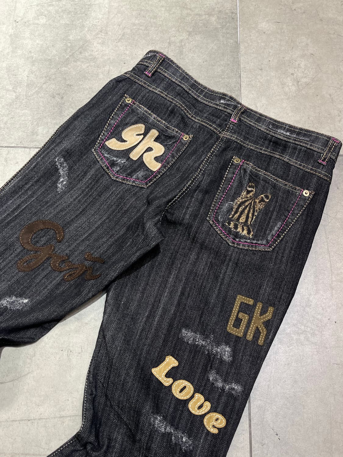 일본 빈티지 모리걸 고양이 레터링 패치 와이드 데님 팬츠  상품이미지9