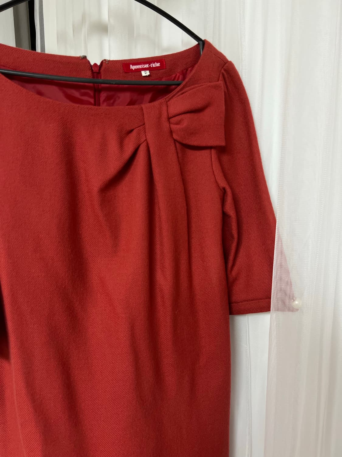 리본 포인트 딥레드 진주버튼 원피스 파티룩 상품이미지6