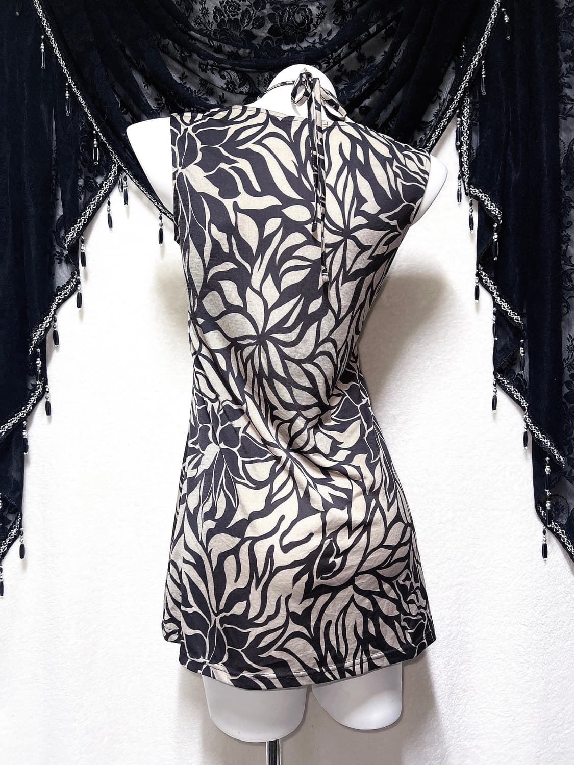 오리엔탈 페어리그런지 비즈장식 플라워패턴 슬리브리스 나시 핀터 미니원피스 상품이미지6