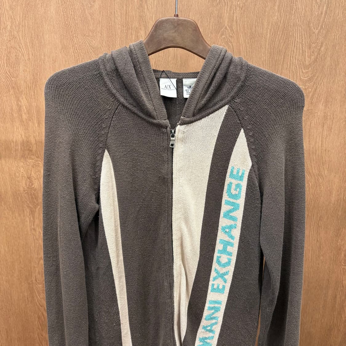 아르마니 익스체인지 니트 후드 집업 자켓 배색 직조 로고 디테일 브라운 상품이미지4