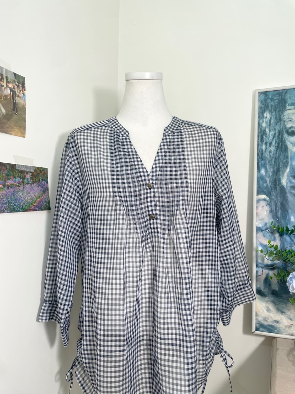navy check side bow loose chiffon blouse 상품이미지5