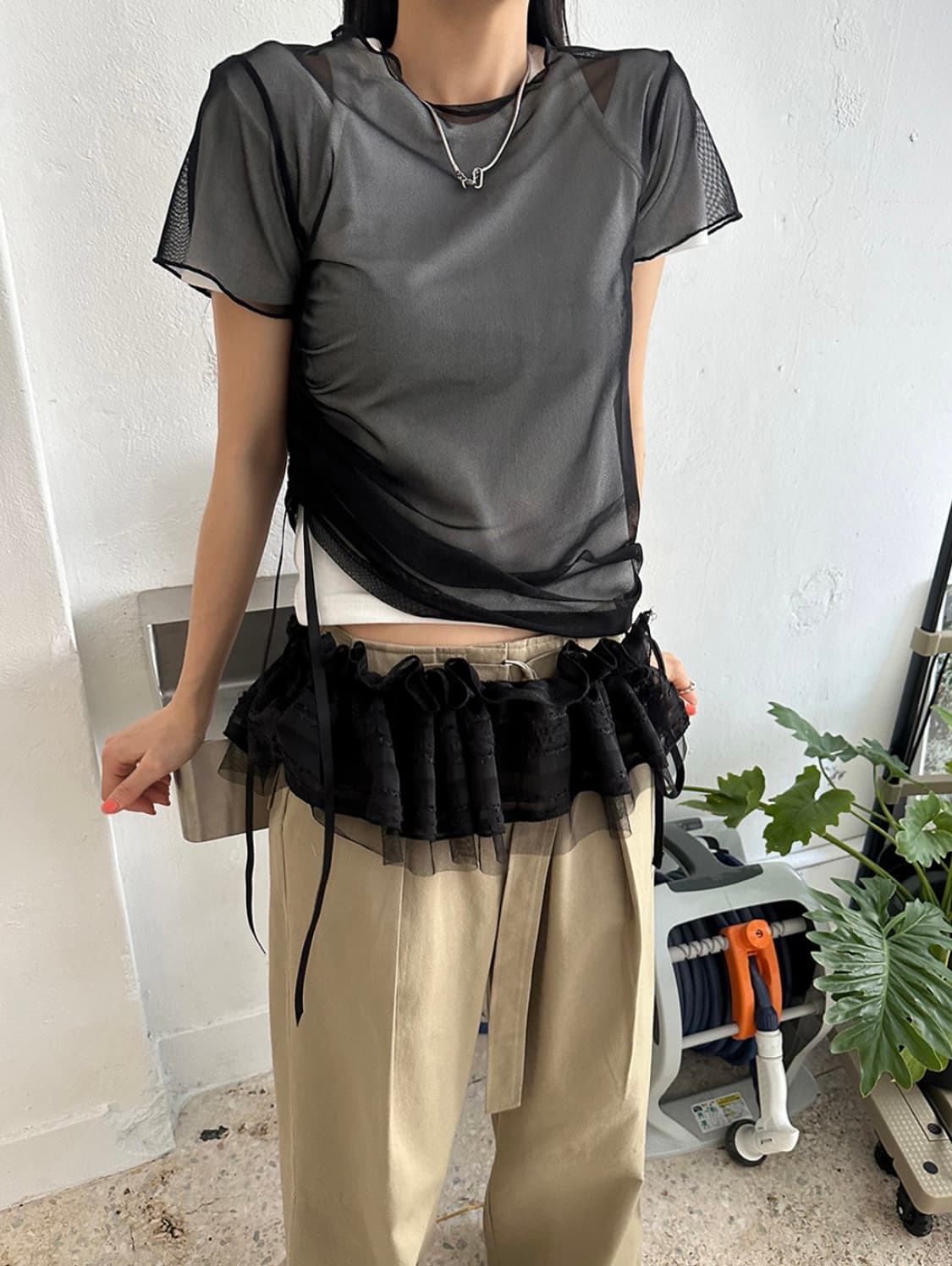 메쉬 스트링 반팔 티셔츠 상품이미지1