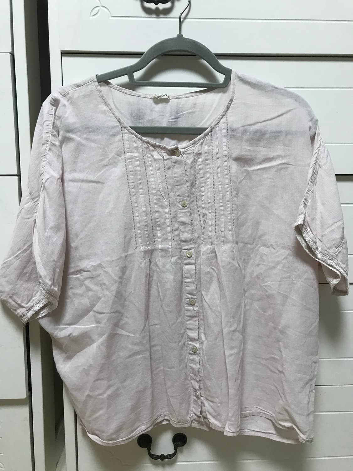 일본 빈티지 핑크 핀턱 반팔 블라우스 상품이미지1