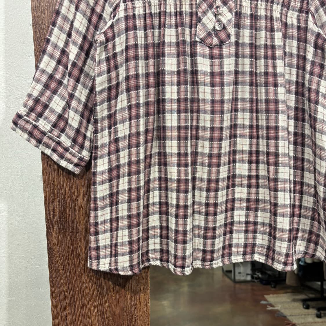 일본 빈티지 모리 너드 핑크 베이지 7부 레이어드 체크 셔츠 블라우스 상품이미지4