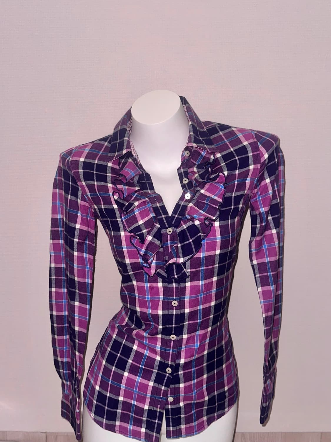 빈티지 퍼플 체크 프릴셔츠 상품이미지3