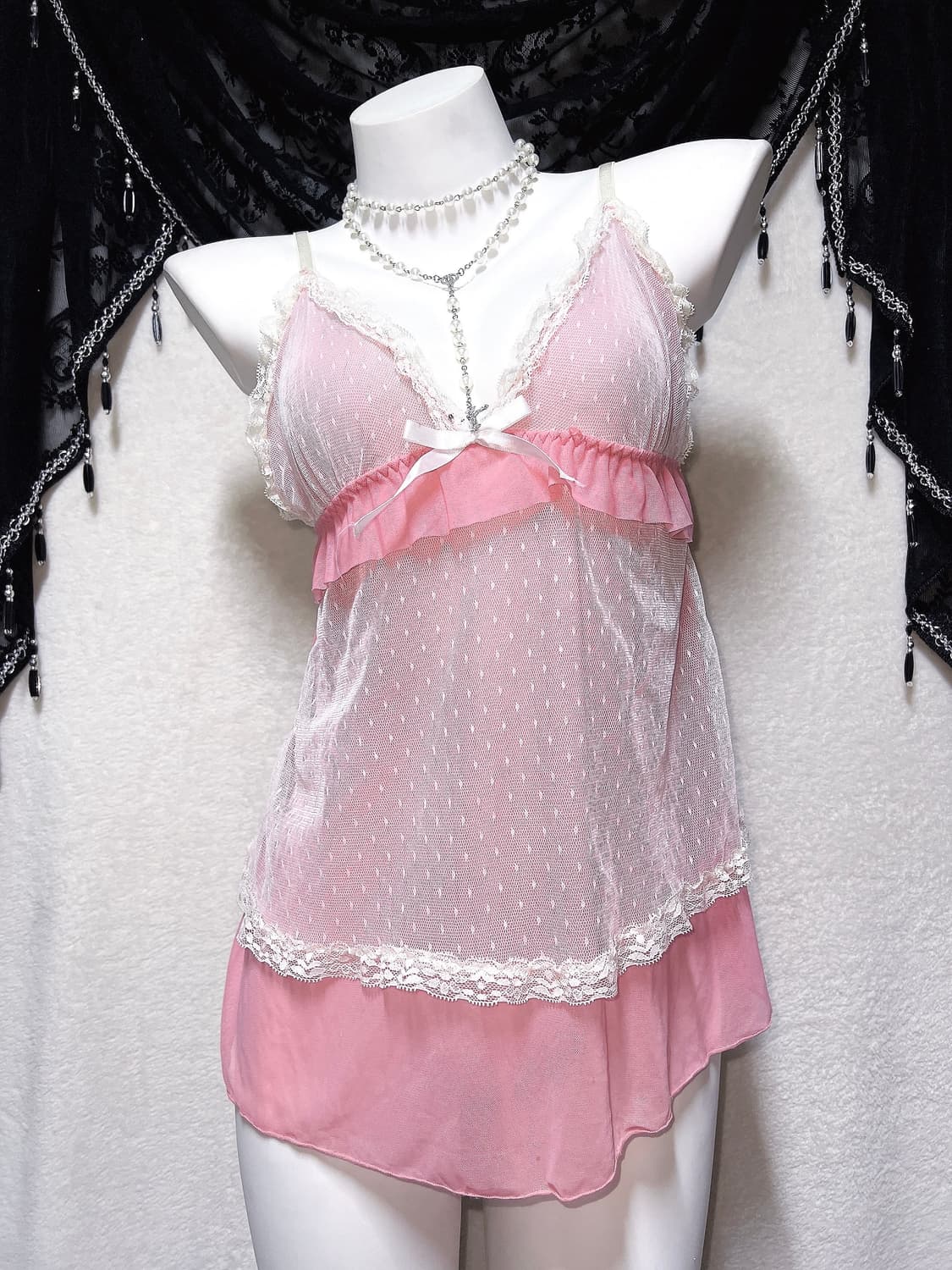 히메갸루 로맨틱 로걀 핑크 도트 레이스 프릴 슬리브리스 나시 슬립 핀터 상품이미지2