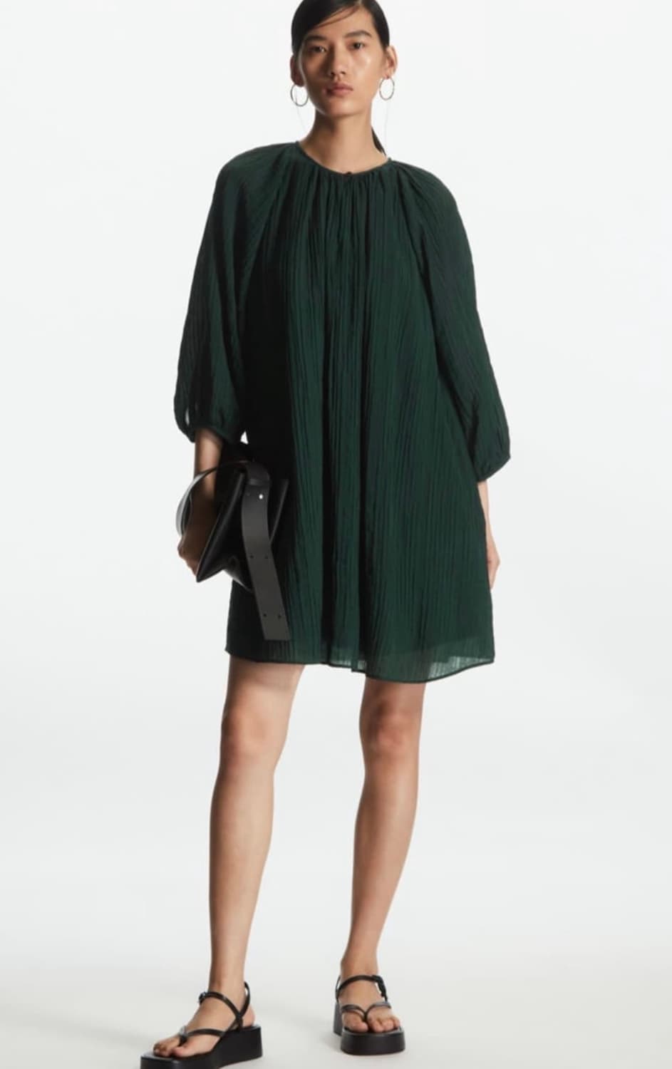 cos 코스 다크그린 시어서커 플리츠 원피스  상품이미지1
