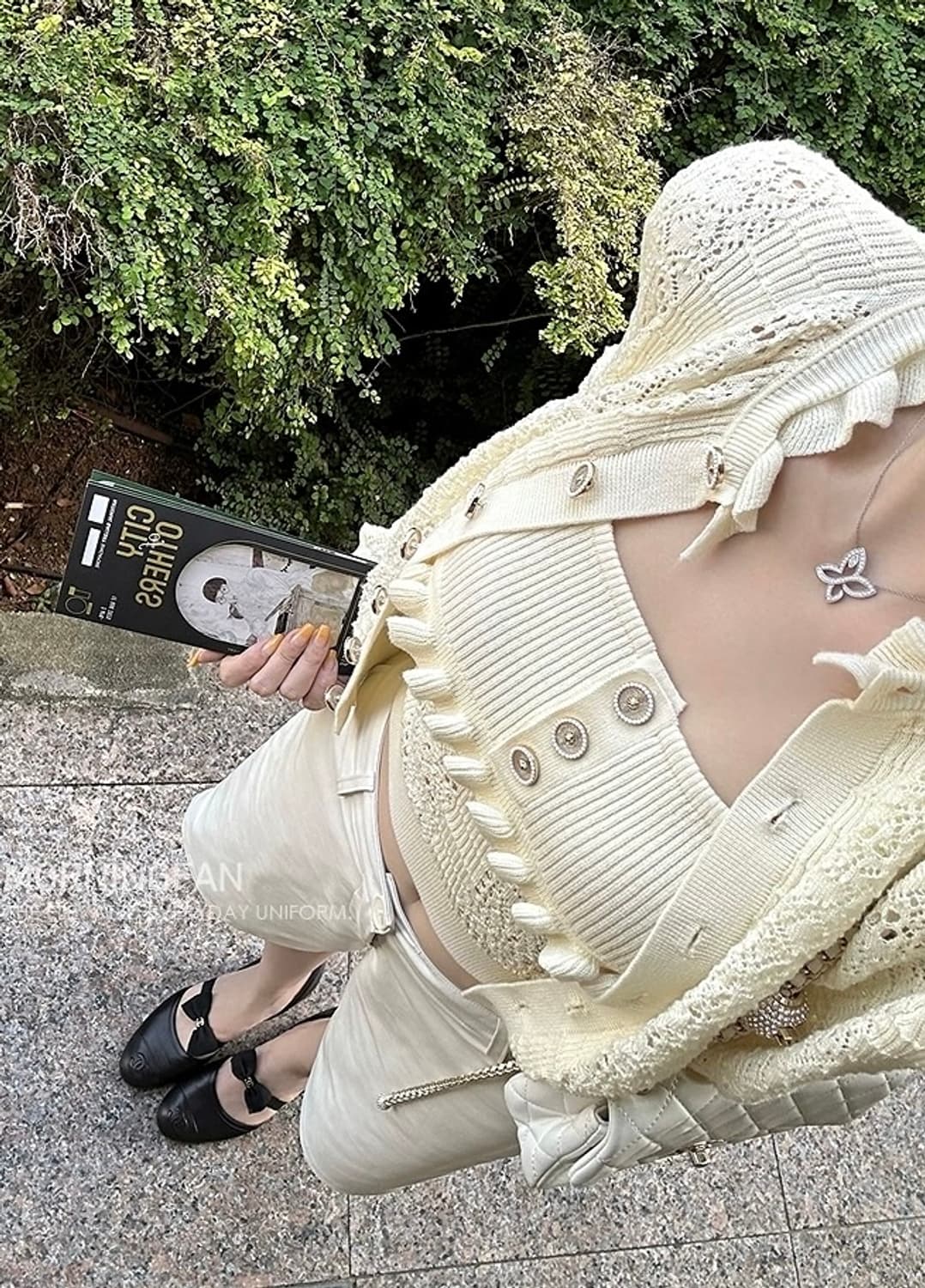 MORNINGFAN 플리터 커스텀 레이스 니트 슬리브리스 탑 가디건 투피 상품이미지2