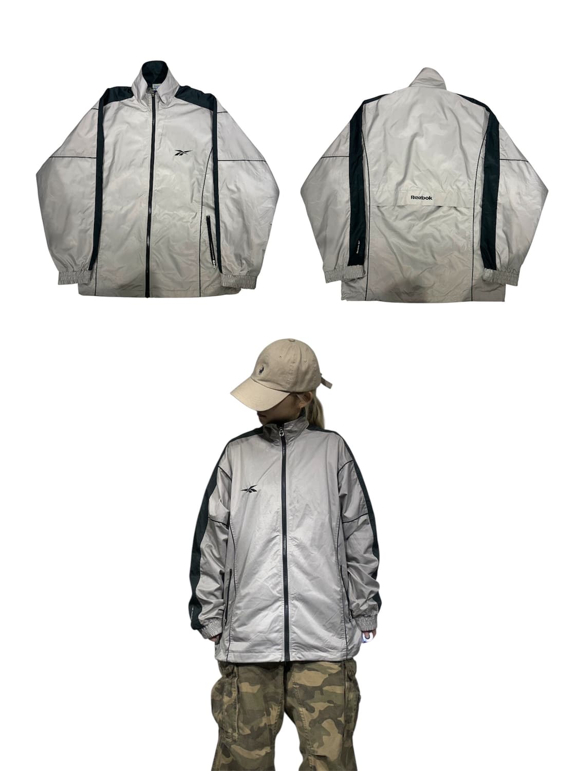 리복 라이트 그레이 오버핏 블랙 사이드 라인 바람막이 자켓 L 상품이미지1