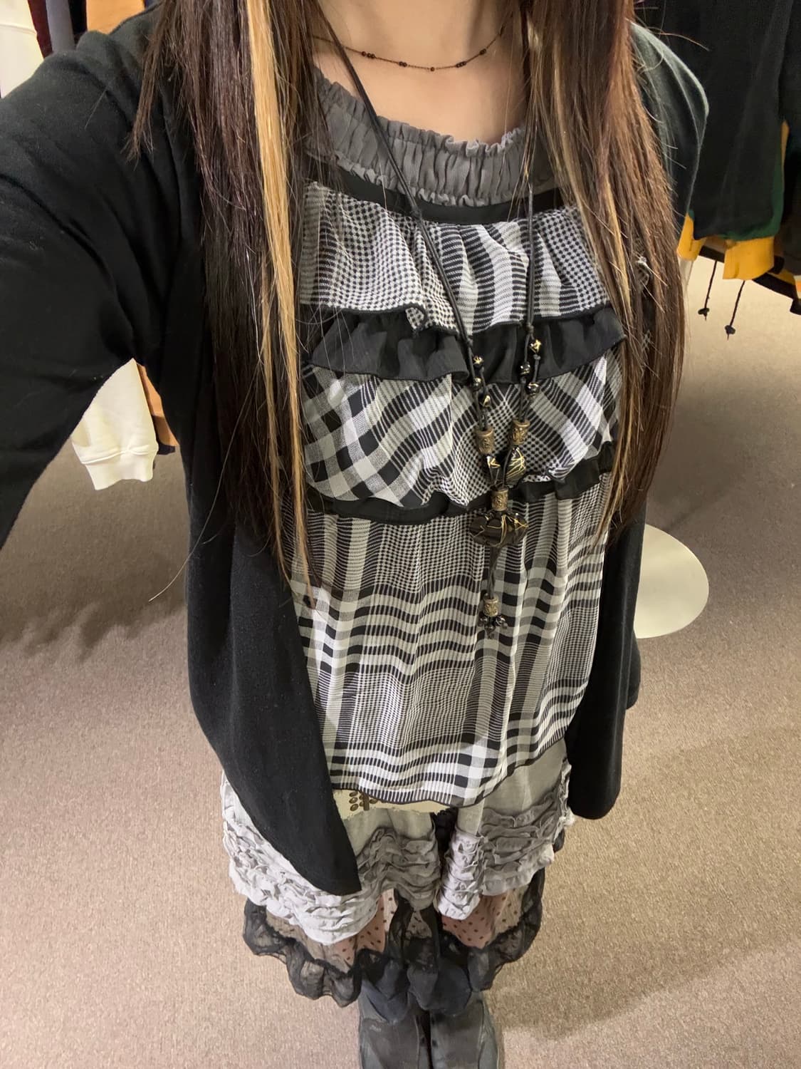 M)Japanese vintage 여성 체크 레이스 레이어드 롱슬리브 상품이미지2