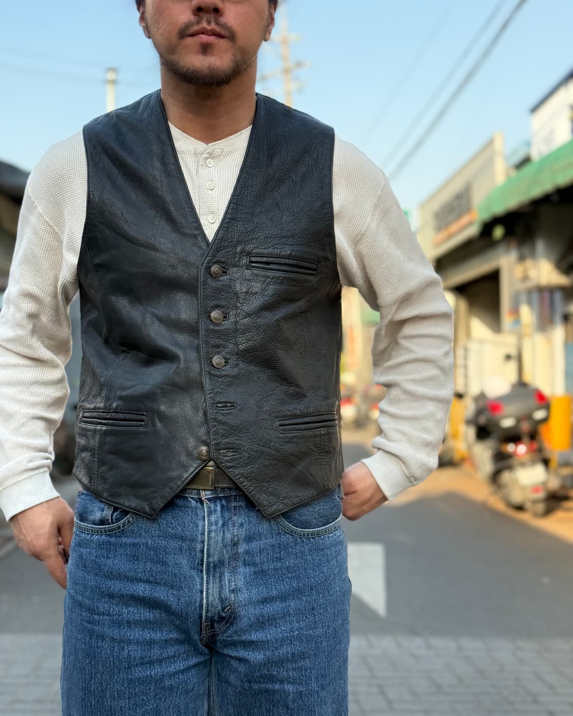 80-90‘s 유럽 빈티지 카우하이드 플라잉 베스트 M 상품이미지8