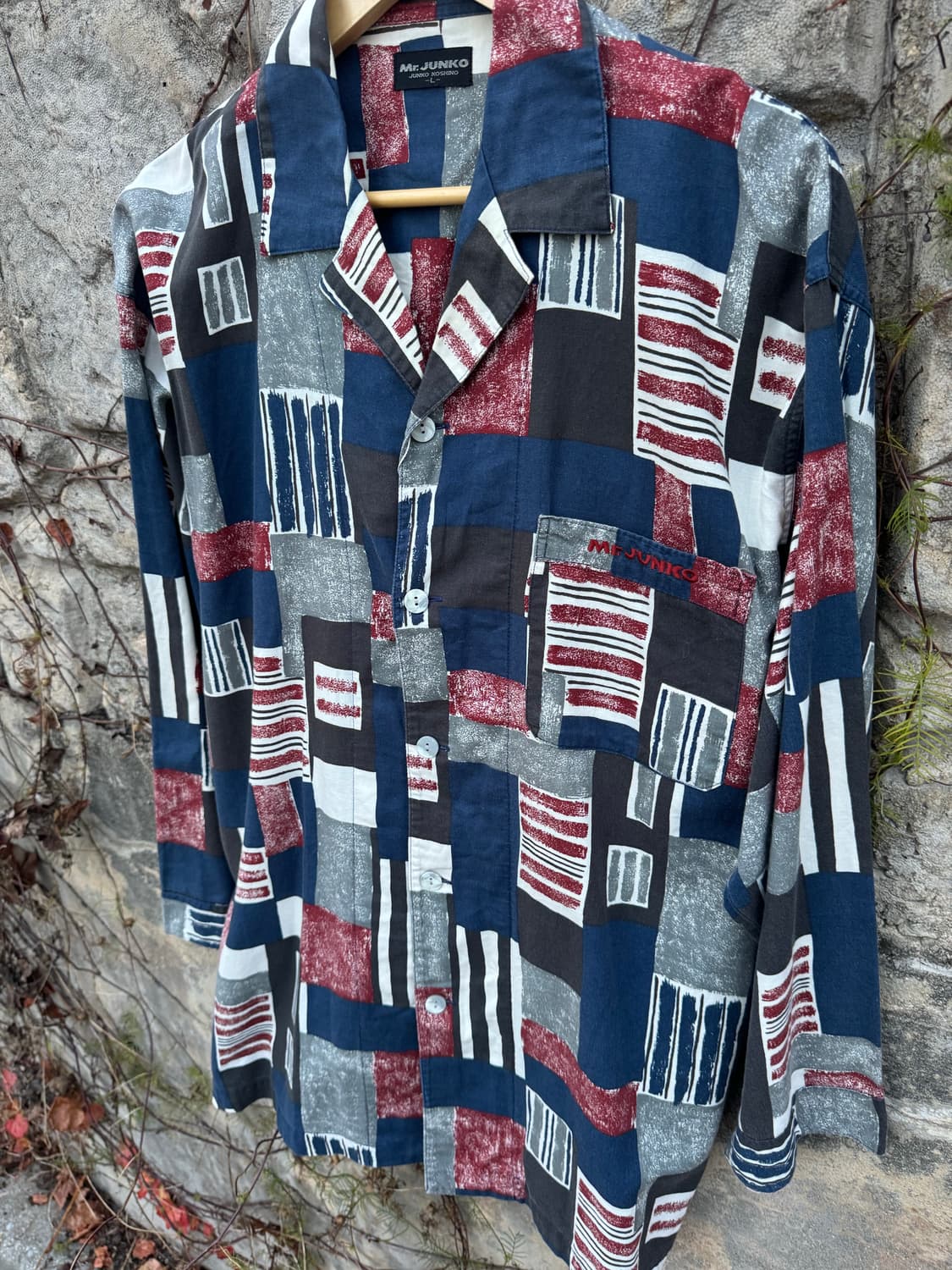 일본 빈티지 오픈 카라 에스닉 패턴 셔츠 L 상품이미지3