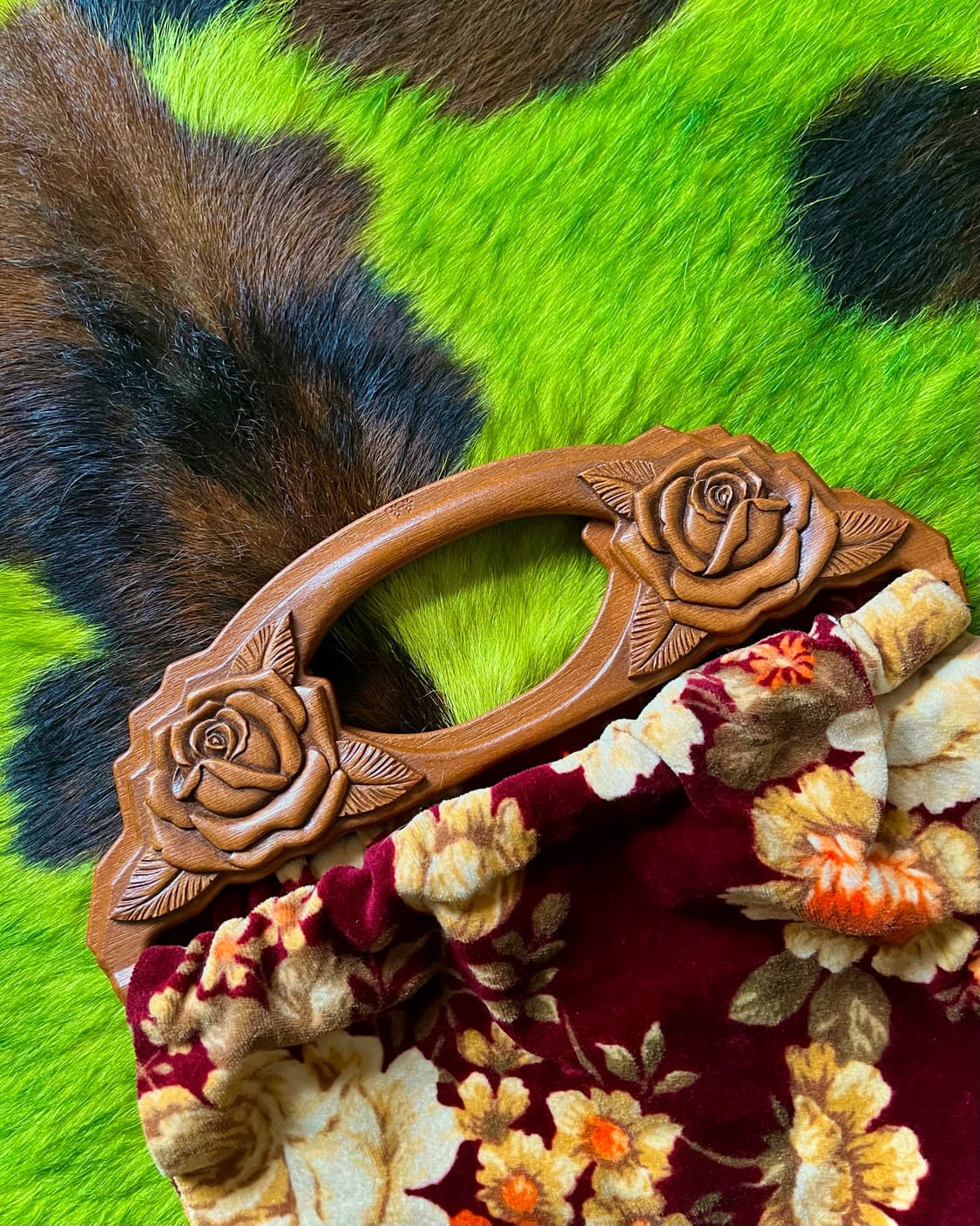 -1990s JPN Antic Wood Handle Velour Bag 상품이미지3