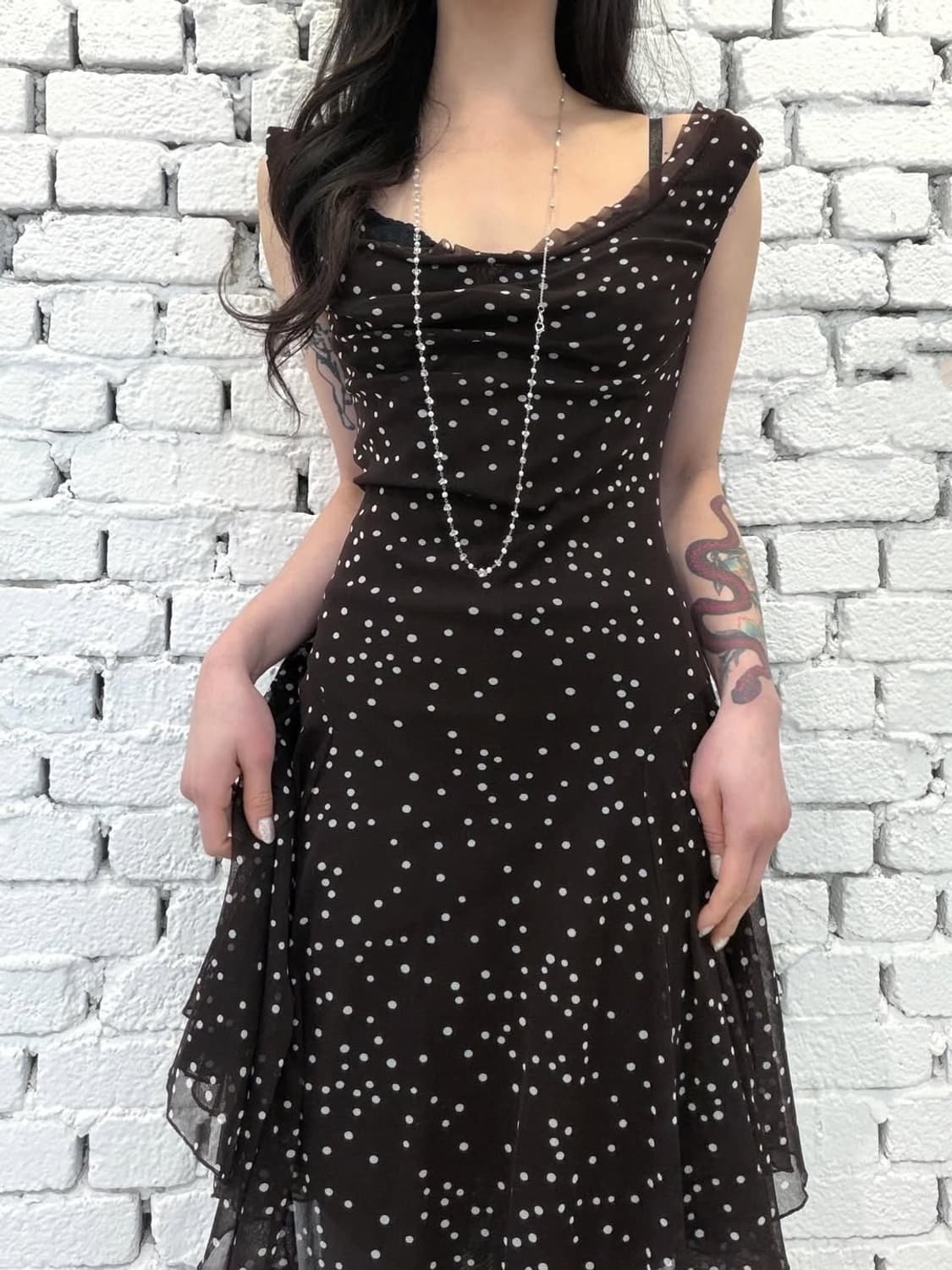 Brown Dot Drape Chiffon Dress / Made in  상품이미지3