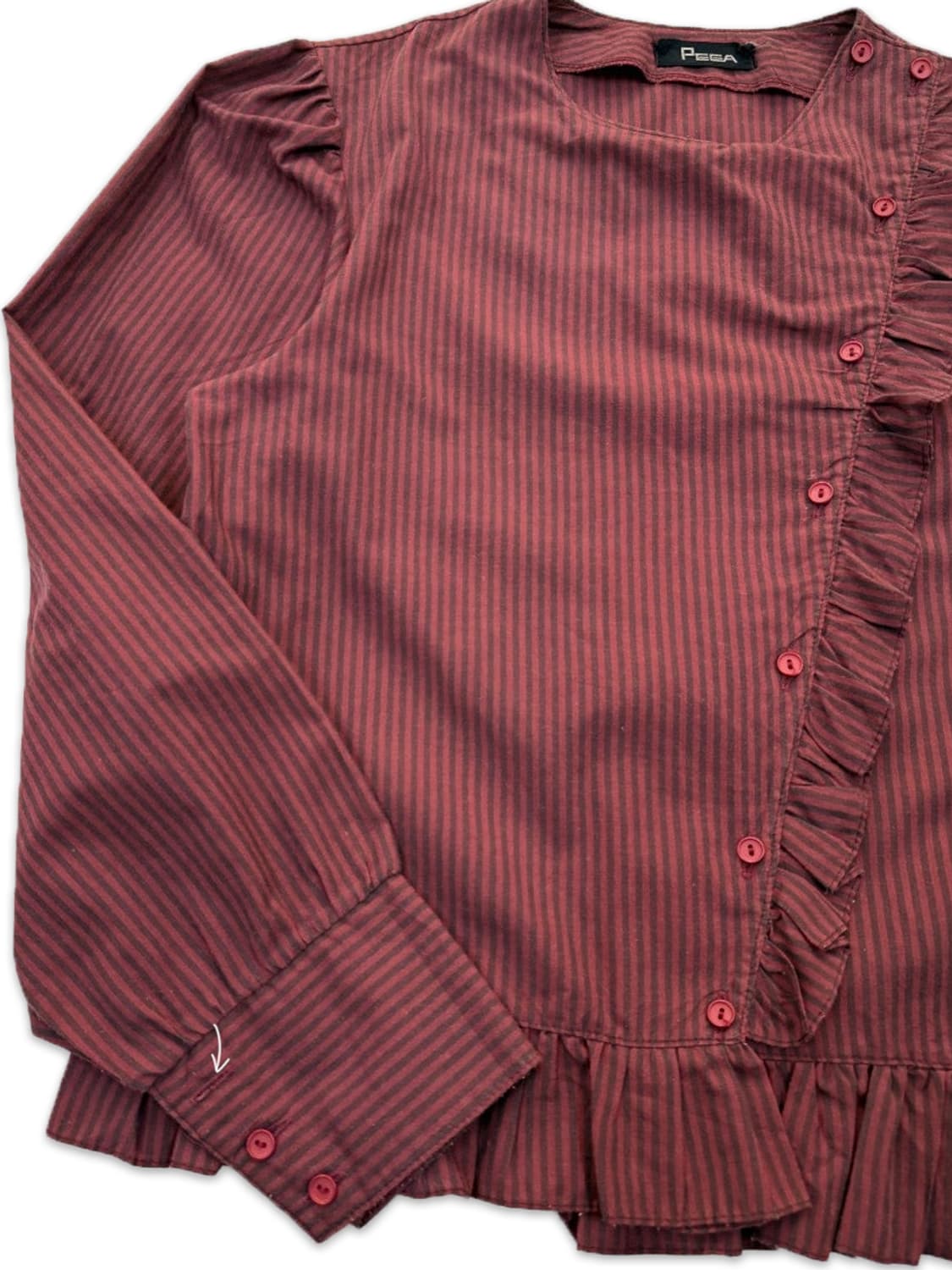 빈티지 레드 스트라이프 프릴 단추 셔츠 블라우스 상품이미지4