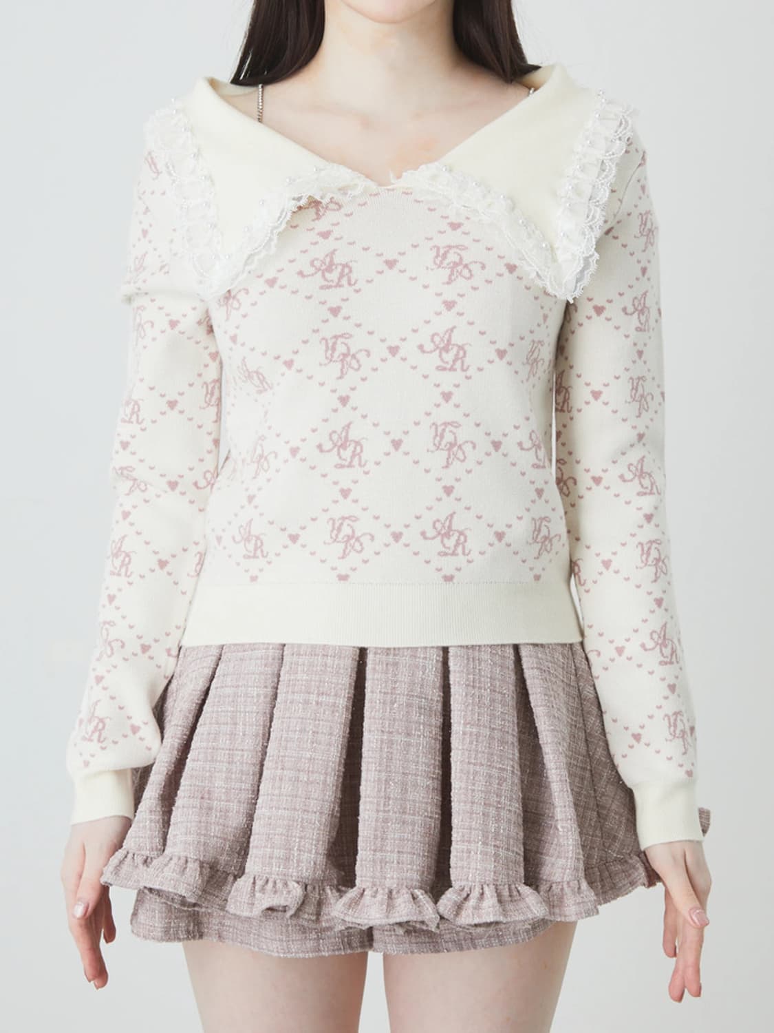 앙크루즈 오프숄더 리본 레이스 니트 화이트 핑크 판매 상품이미지2