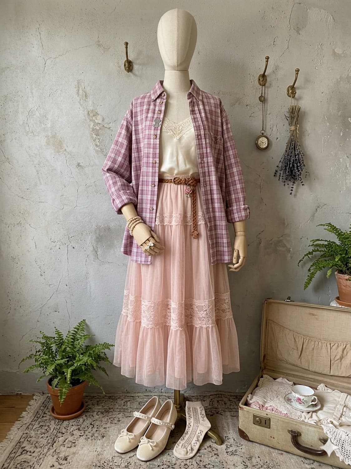 더스티 로즈빛 플래드 티롤리언 셔츠 상품이미지2