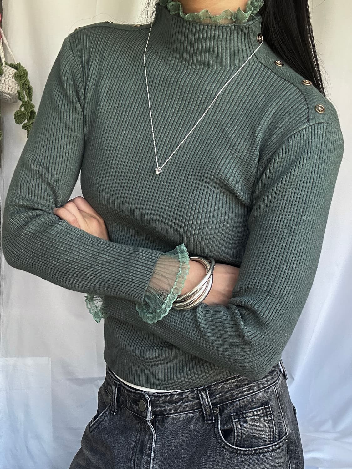 빈티지 레이스 레이어드 목폴라 니트 상품이미지5