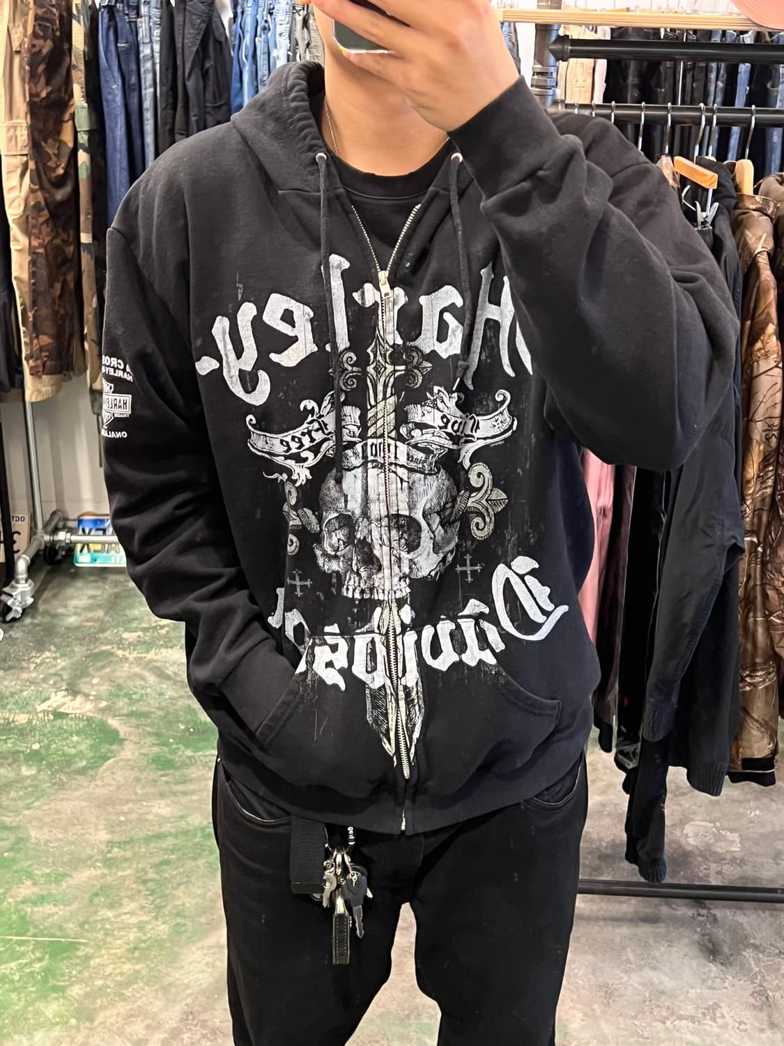 [L] 할리데이비슨 스컬 후드집업 블랙 빈티지 바이커 아메리칸 캐주얼 상품이미지2