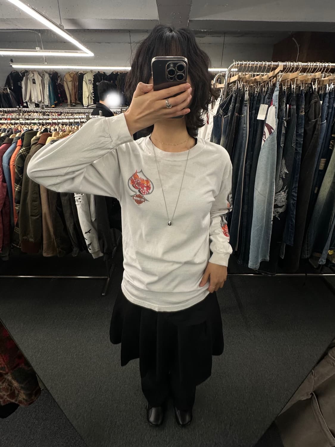 M)00’s할리데이비슨 빈티지 플레임 다이스 프린팅 화이트 롱슬리브(오염 상품이미지1