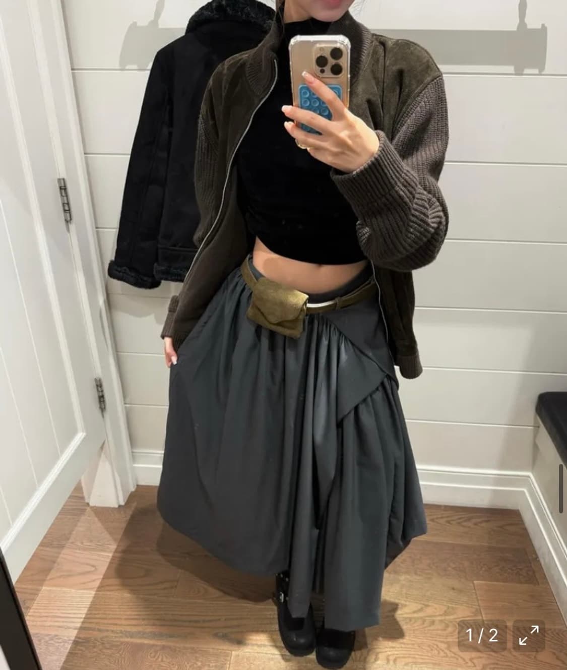 새상품) 플레어업 드레이프 레이어드 롱 스커트 차콜 품절 상품이미지2