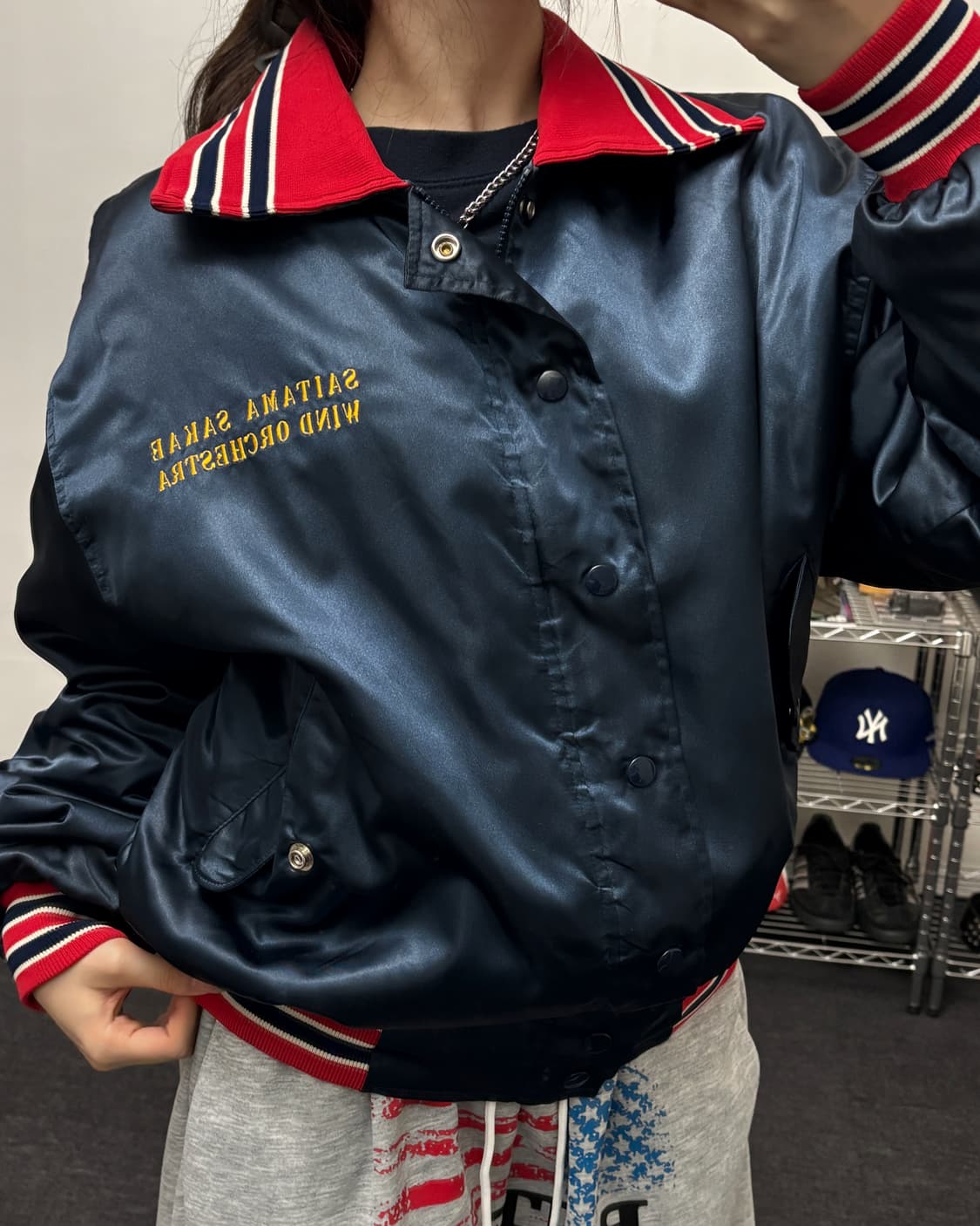 USA 올드 빈티지 사틴 봄버 자켓 네이비 상품이미지2