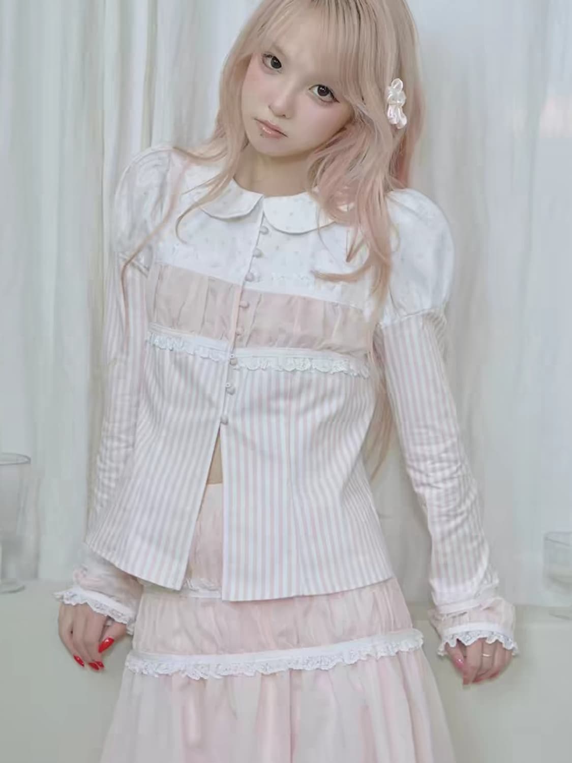 Sos seamstress 핑크 도트 레이스 셔츠 상품이미지2