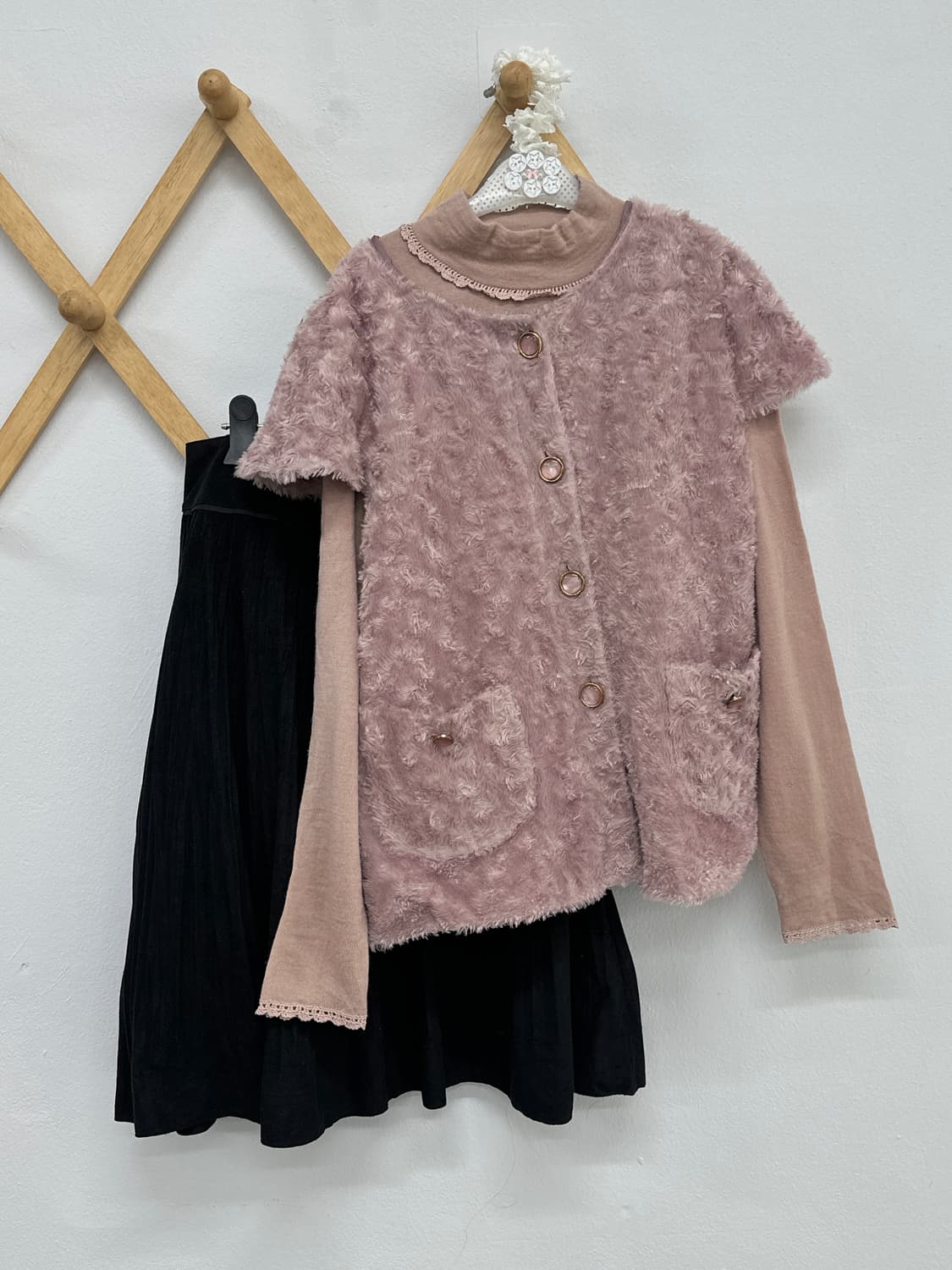 💌슈슈룬 쇼콜라 퍼 코디세트💌 조끼 핑크 히메 러블리 갸루 양산형 상품이미지3