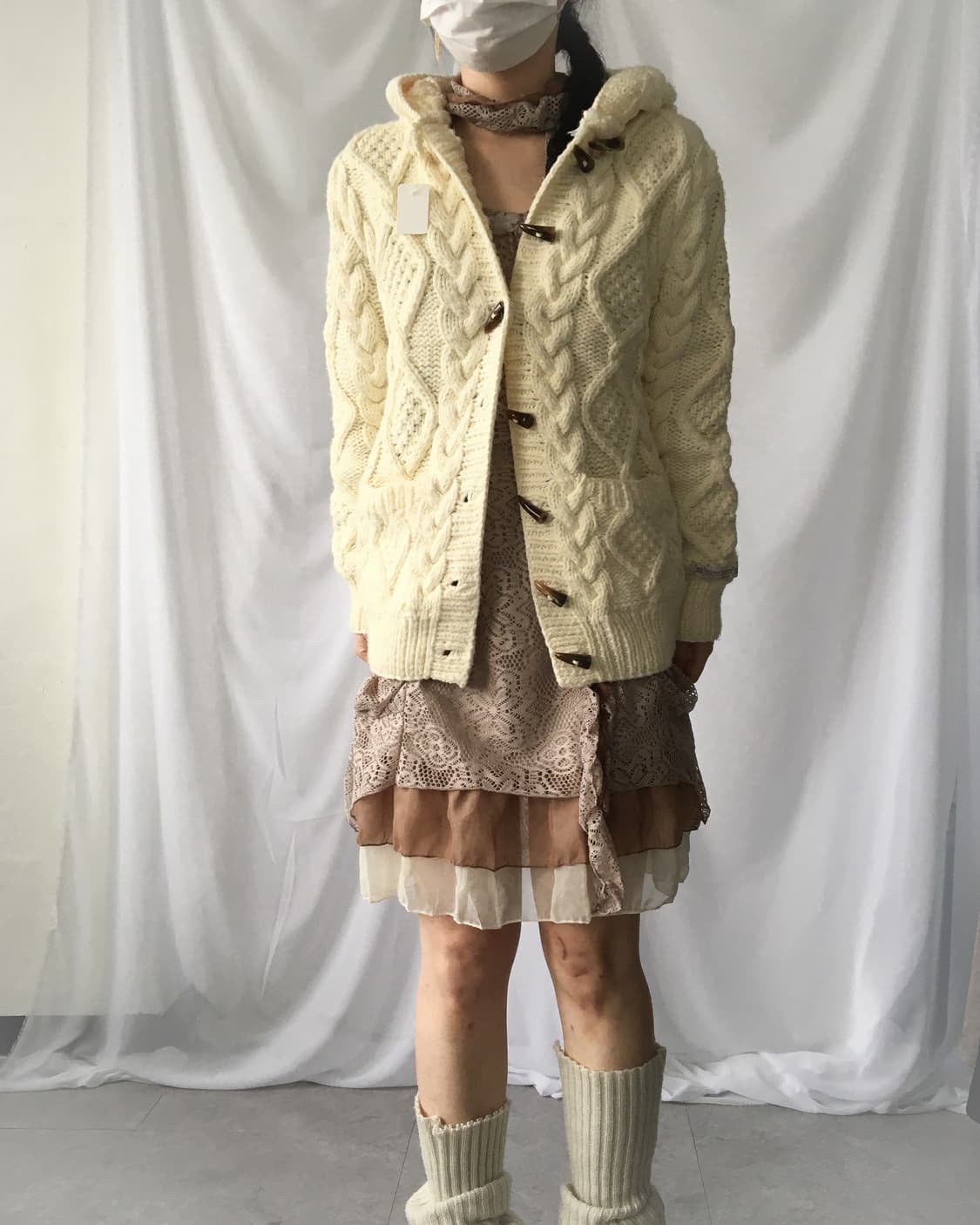 Duffle button cable pattern hood knit ca 상품이미지7