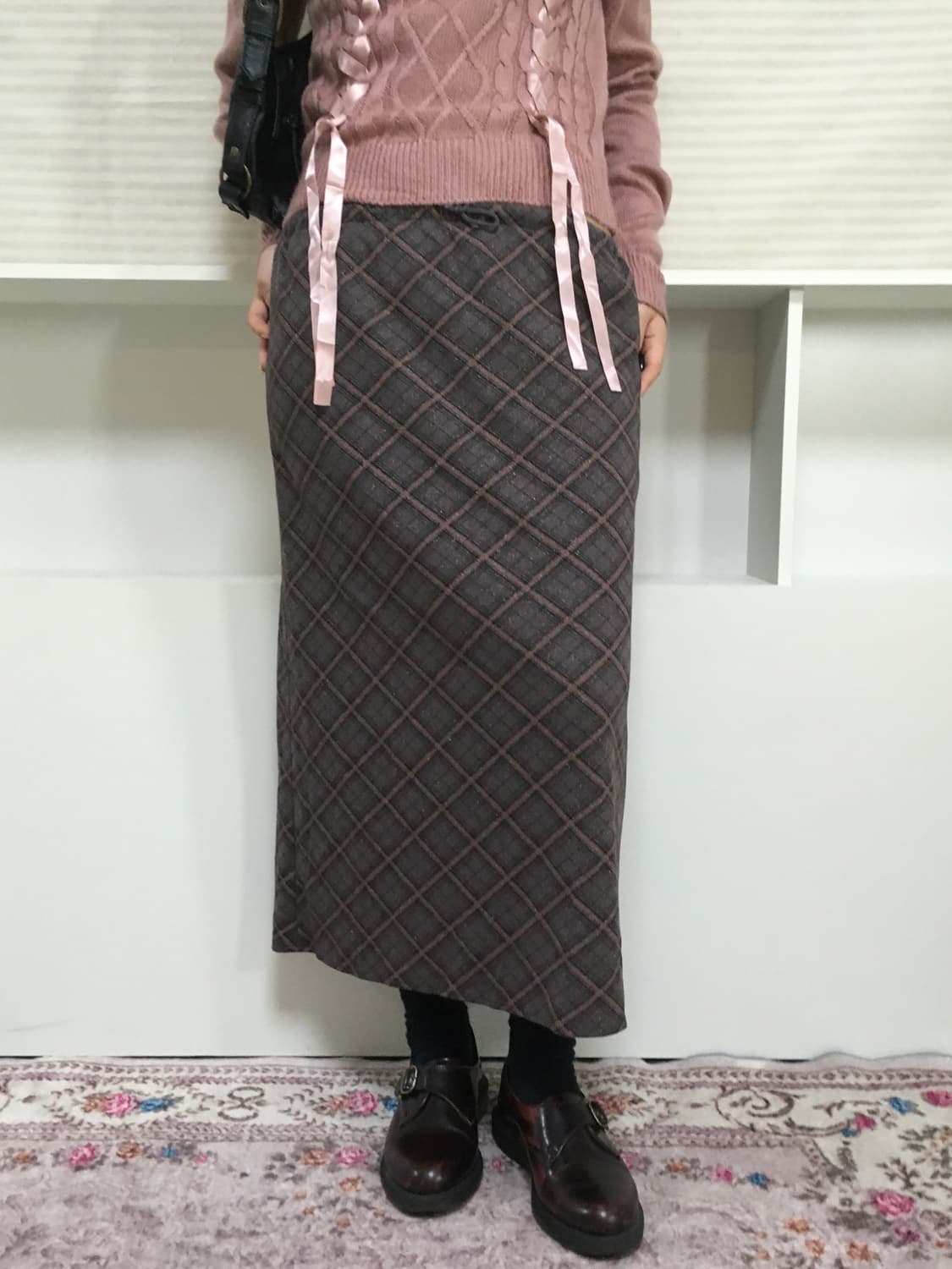 jpn vintage check pearl long skirt 상품이미지5