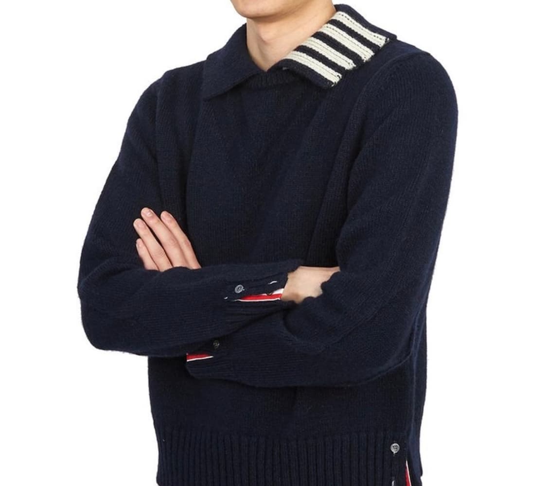 [2] 톰브라운 스티치 도네갈 사선 폴로 칼라 풀오버 네이비 상품이미지1