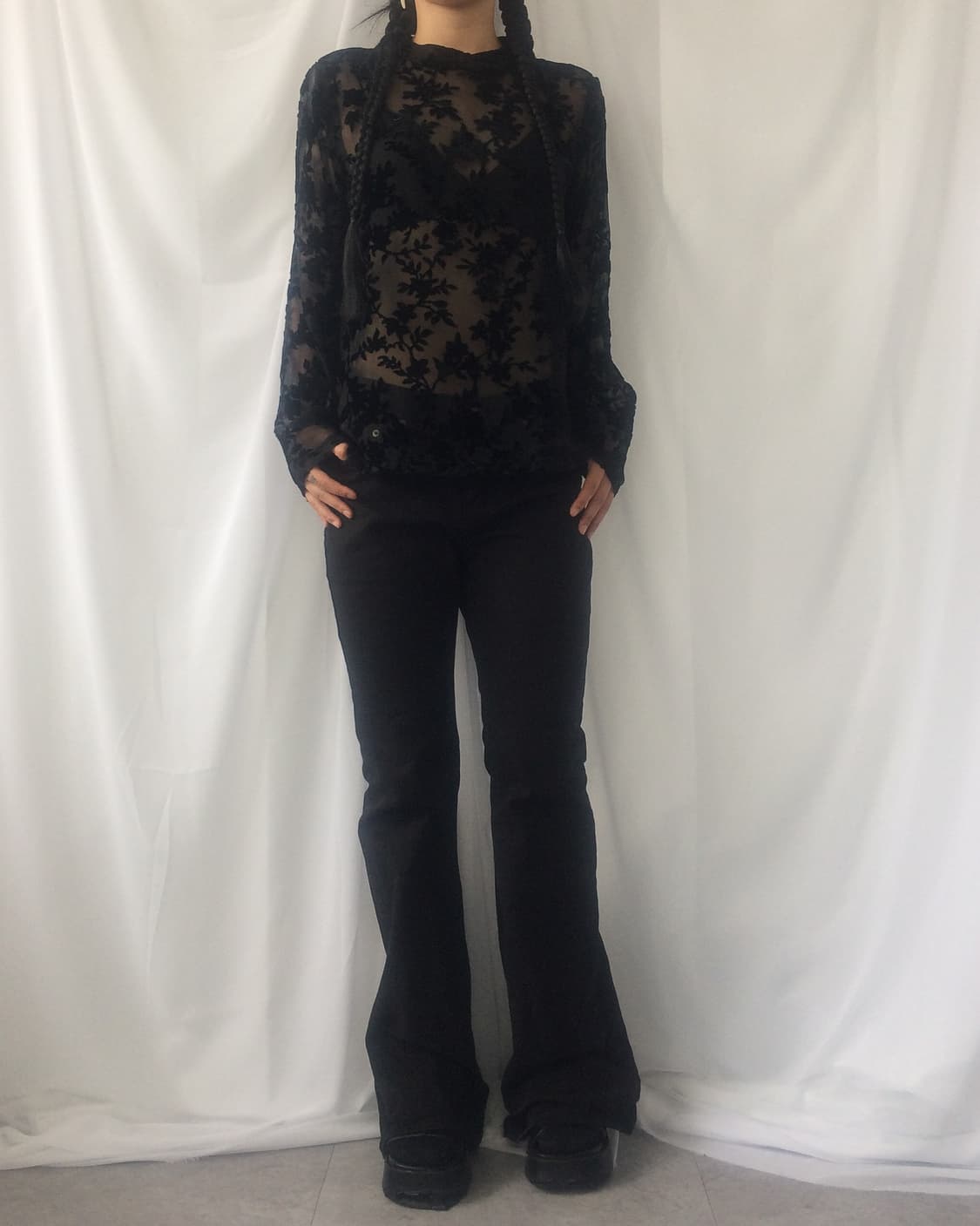 Pattern point see through high neck slee 상품이미지5