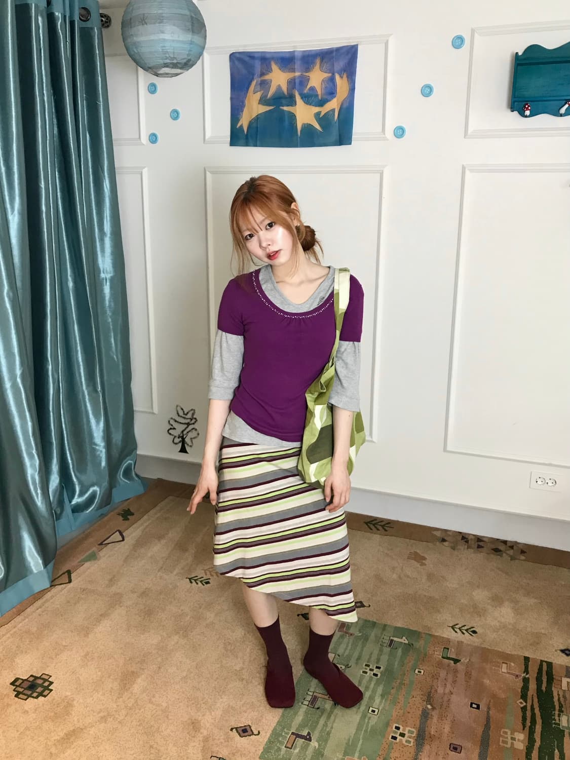 스트라이프 사선 언발 스커트와 색감이 조화는로운 퍼플 상의+말차🍃💟 상품이미지1