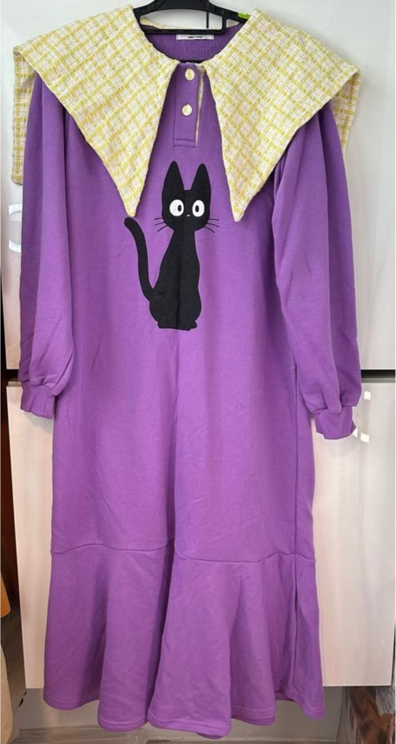 고양이 프린팅 퍼플 롱 원피스 상품이미지1