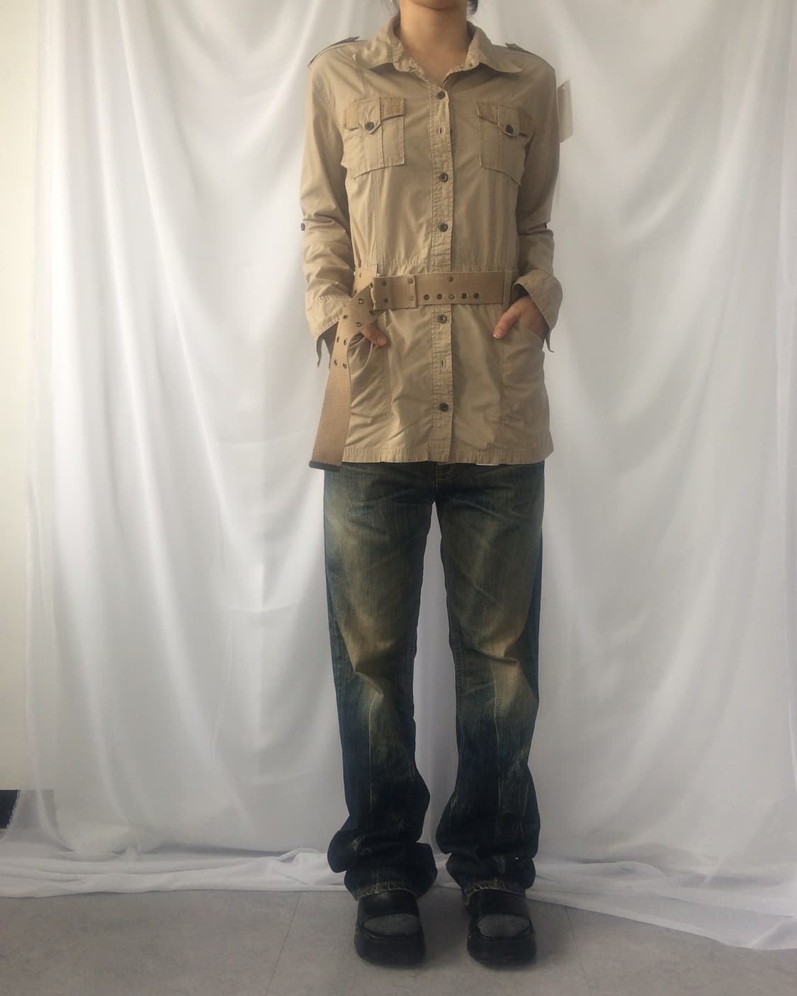 Belted lace trimming pocket point jacket 상품이미지1