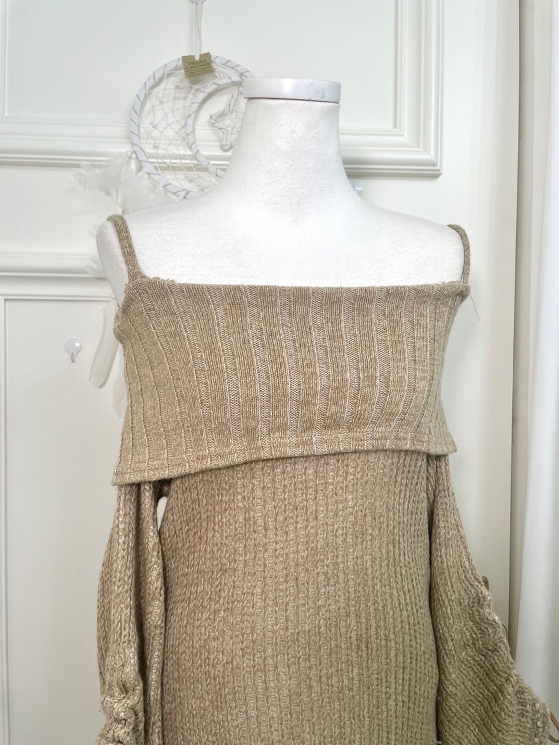 beige melange off-shoulder sleeve shirri 상품이미지5