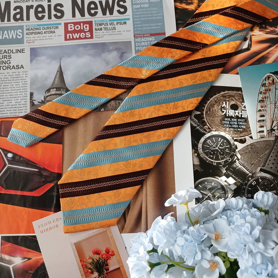 아쿠아스큐텀 실크 오렌지 스트라이프 넥타이 9cm A+등급 A19288
 상품이미지5