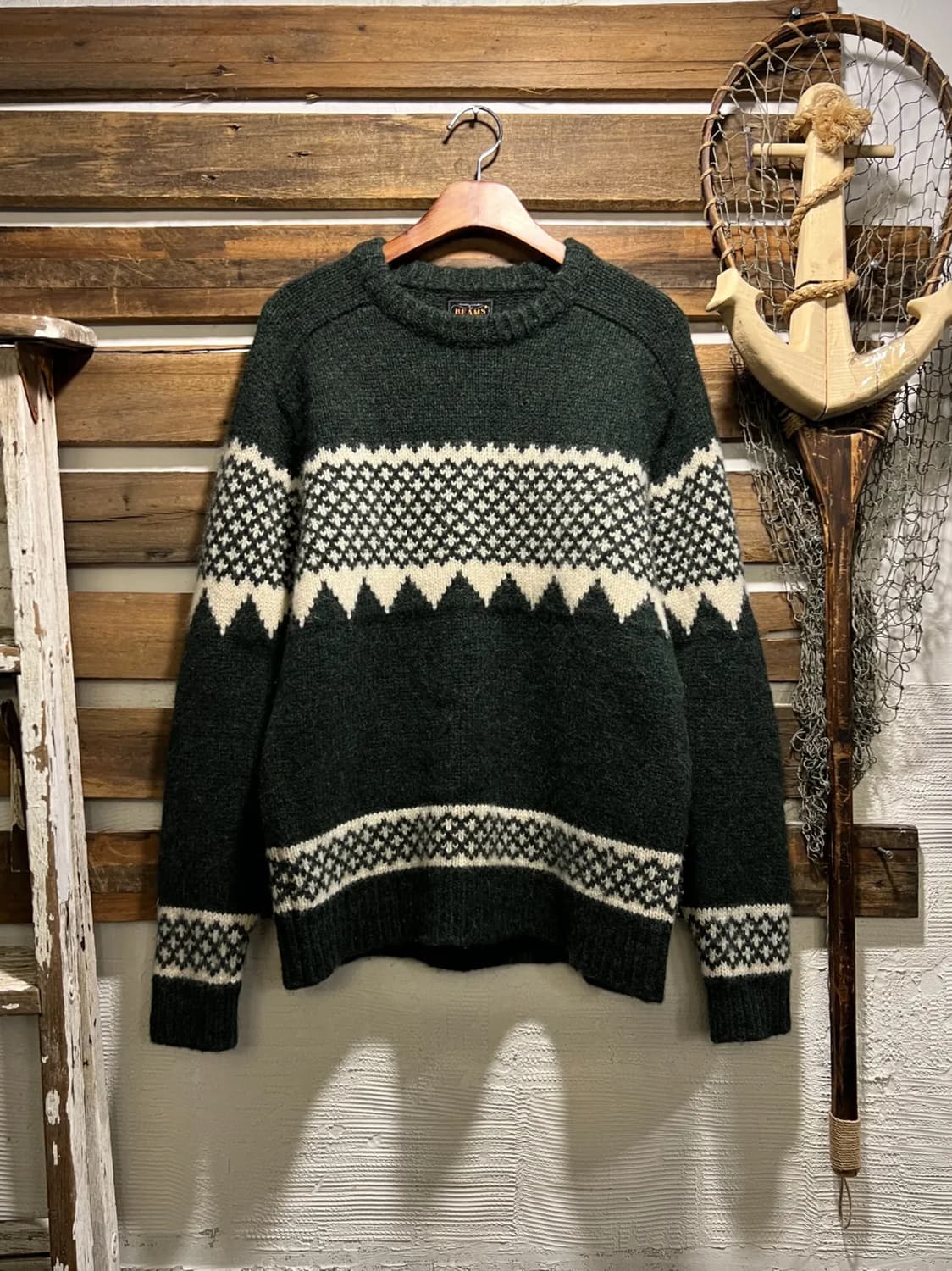 [L]BEAMS 빔즈 플러스 그린 버드아이 패턴 울 니트 상품이미지1