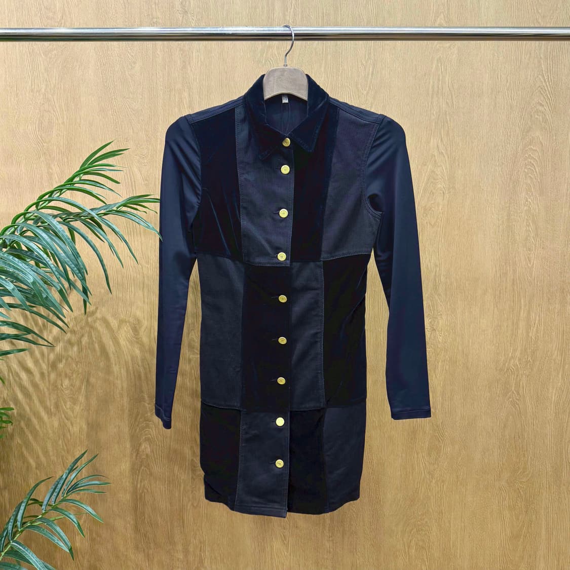 모스키노 진스 셔츠 미니 원피스 골든버튼 벨벳배색 디테일 슬림핏 블랙 상품이미지1