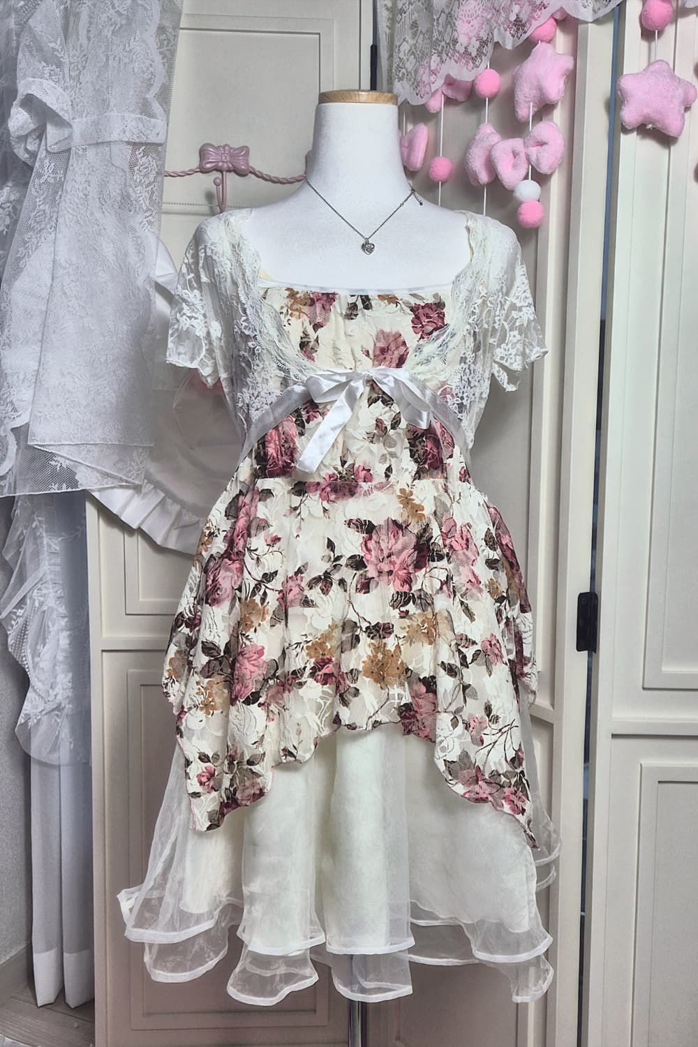 히메갸루 리즈리사깔 플라워 패턴 레이스 봄 코디 세트 원피스 모리걸 상품이미지2