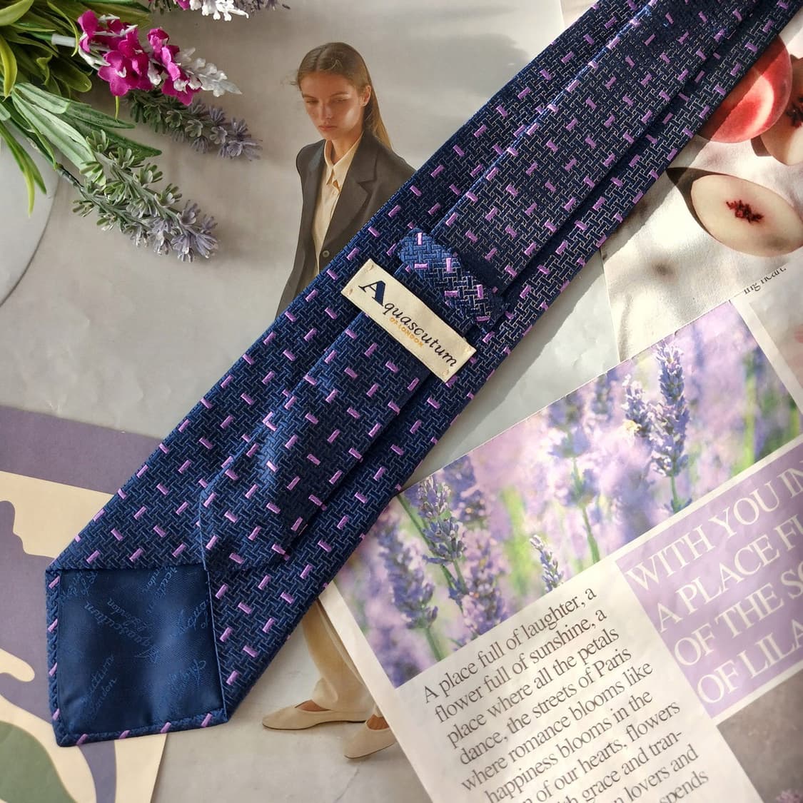 아쿠아스큐텀 네이비 자카드 패턴 넥타이 9.5cm A+등급 A19710 상품이미지4