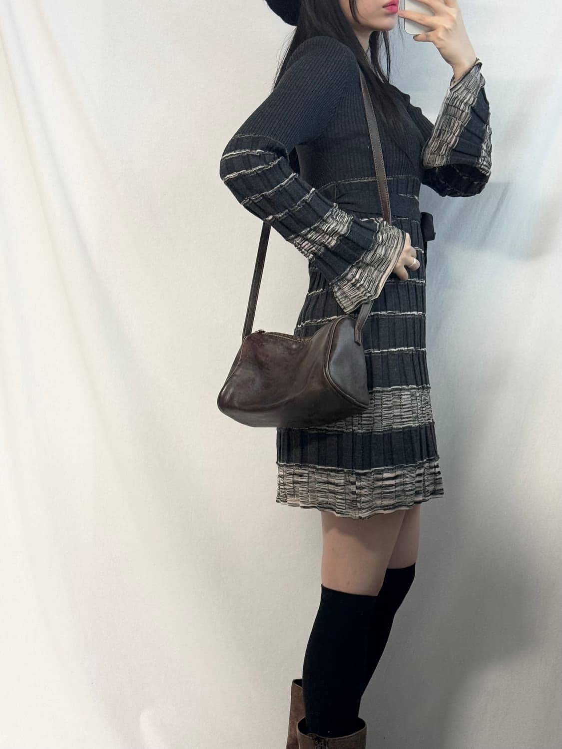 레이어드 레이스 타이 벨 슬리브 플리츠 니트 원피스 2pcs SET 상품이미지3