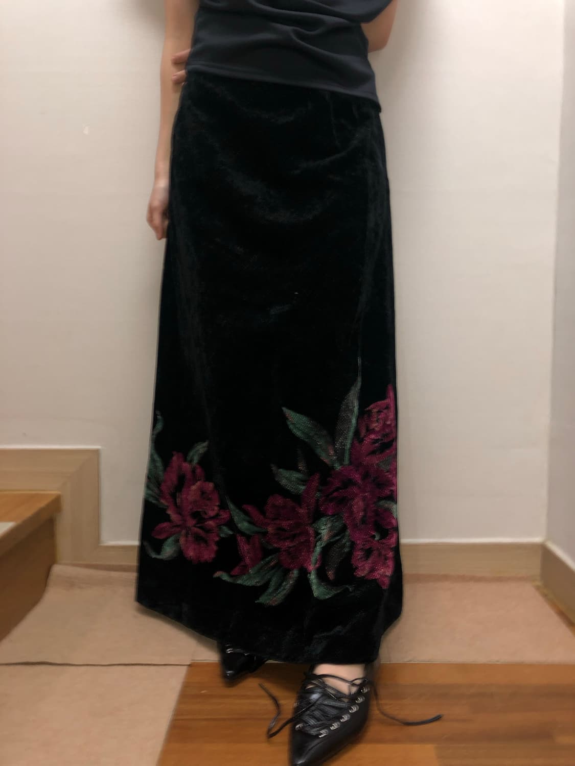 빈티지 블랙 오리엔탈 플라워 롱 스커트 상품이미지1